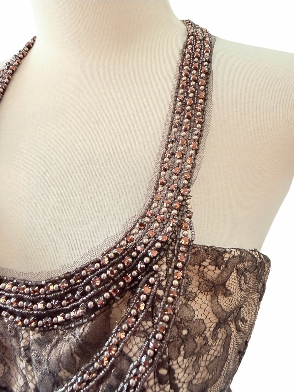 Lela Rose Blush and Brown Beaded Halter Lace Midi Dress Sz 6 - Picture 5 of 12